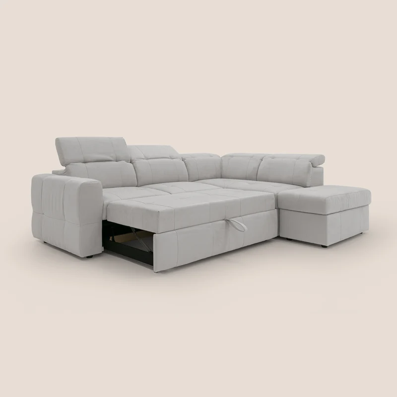 Kronos Canapé d'angle avec extractible et pouf coffre en micorfibre imperméable T11 gris clair
