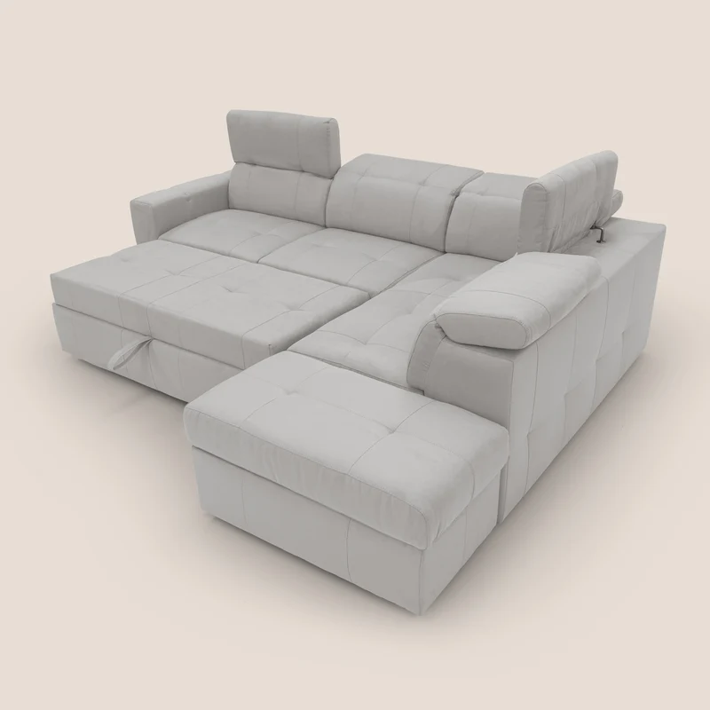 Kronos Canapé d'angle avec extractible et pouf coffre en micorfibre imperméable T11 gris clair