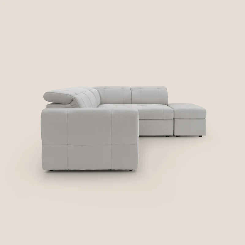 Kronos Canapé d'angle avec extractible et pouf coffre en micorfibre imperméable T11 gris clair