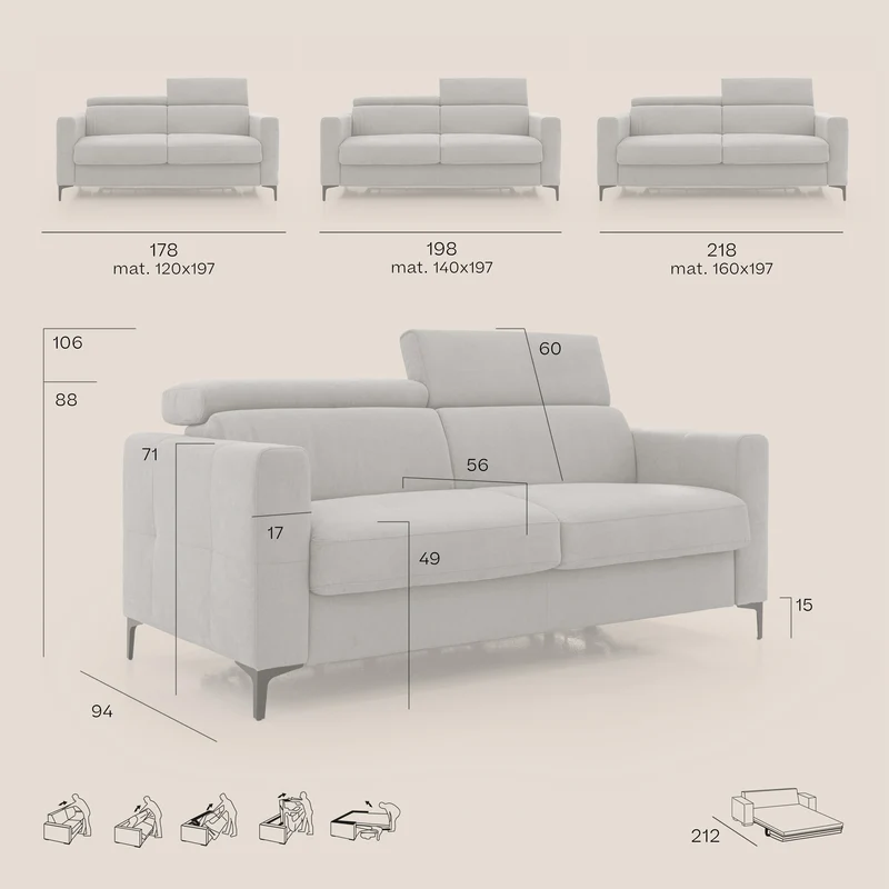 Gardenia canapé convertible matelas H 18cm avec têtières réglables et revêtement imperméable T02 bleu ciel