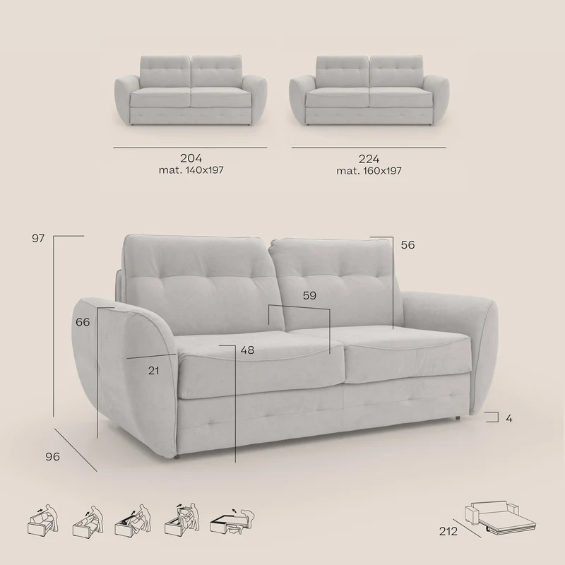 Zeus Canapé convertible scandinave avec dossier haut et matelas H18 cm en tissu imperméable T02 beige