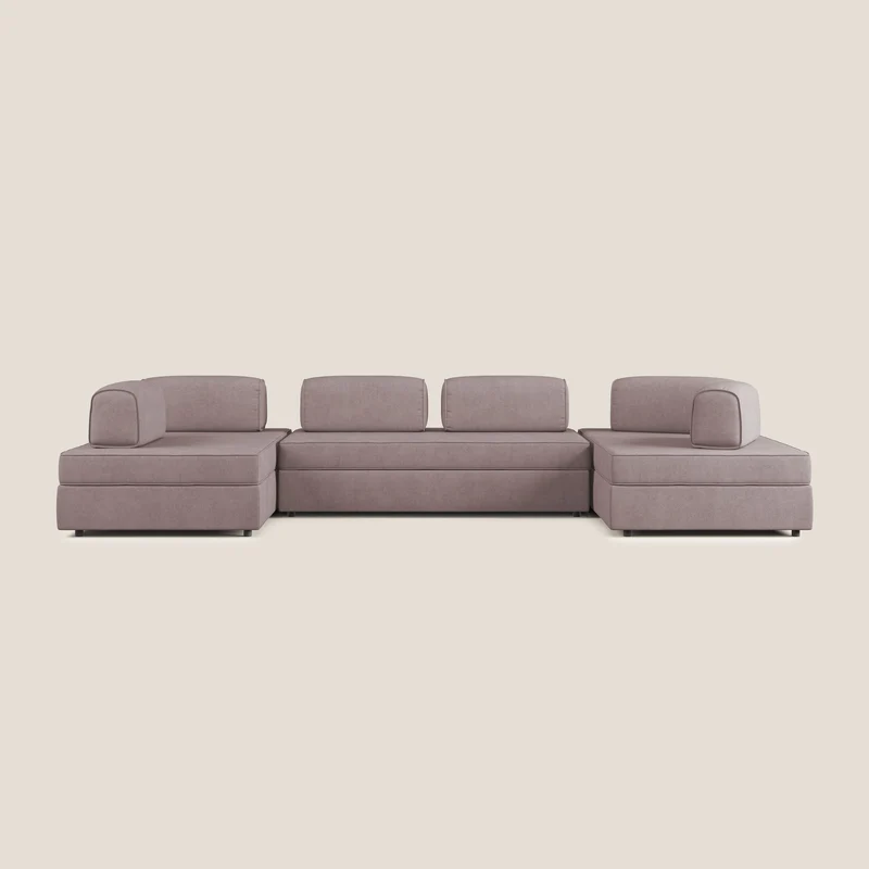 Liberty Canapé panoramique avec pouf extractible et dossiers amovibles en tissu doux imperméable T02 rose