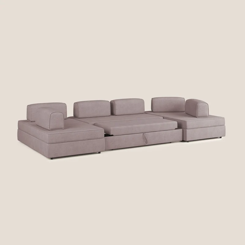 Liberty Canapé panoramique avec pouf extractible et dossiers amovibles en tissu doux imperméable T02 rose