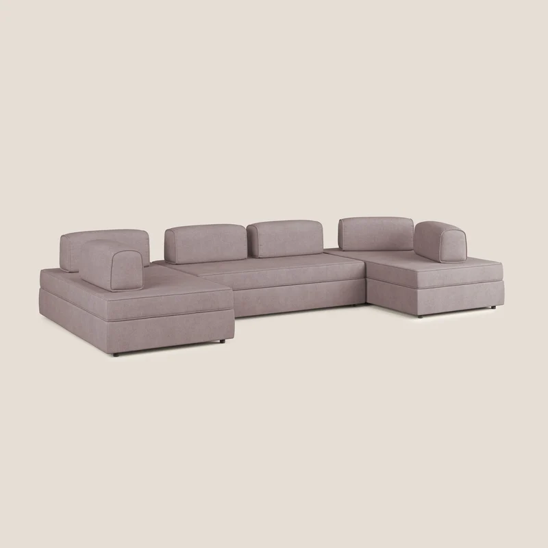 Liberty Canapé panoramique avec pouf extractible et dossiers amovibles en tissu doux imperméable T02 rose