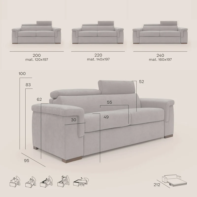 Giunone canapé convertible avec matelas de 18 cm et têtières inclinables en tissu imperméable T02 crème