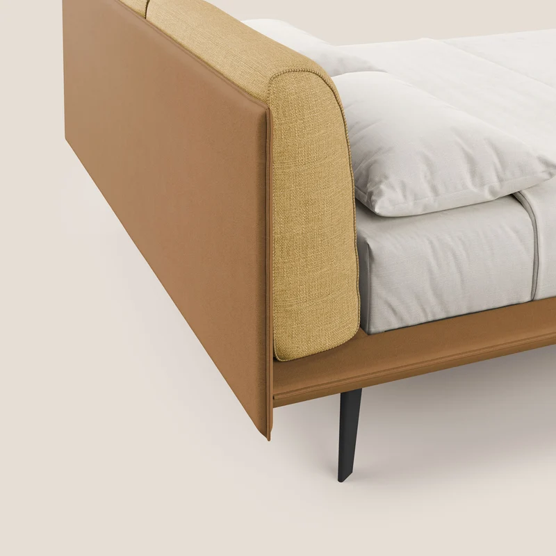 Petra lit design bicolore avec coussins en plumes, pieds foncés et tissu imperméable T11 et T06 cuir - jaune