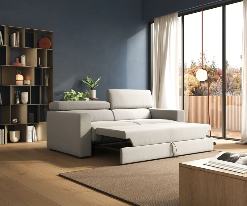 Dylan canapé avec pouf extractible en tissu flamme effet coton impermeabile T19 crème