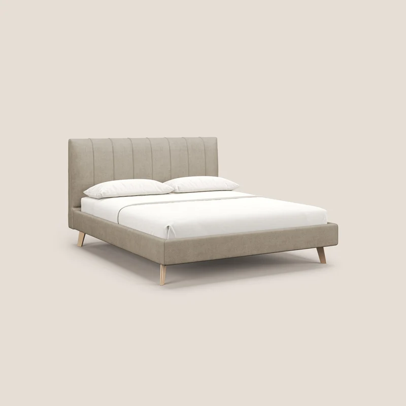 Selene lit rembourré avec pieds bois naturel déhoussable en tissu imperméable T02 beige