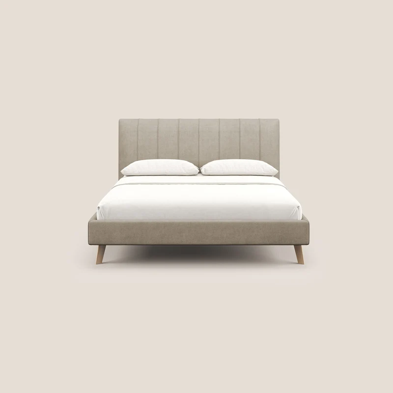 Selene lit rembourré avec pieds bois naturel déhoussable en tissu imperméable T02 beige