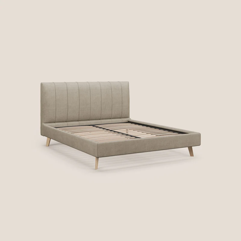 Selene lit rembourré avec pieds bois naturel déhoussable en tissu imperméable T02 beige