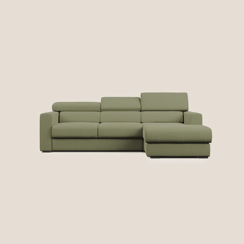 Dylan canapé d'angle avec méridienne et pouf extractible en tissu flammé effet coton imperméable T19 vert