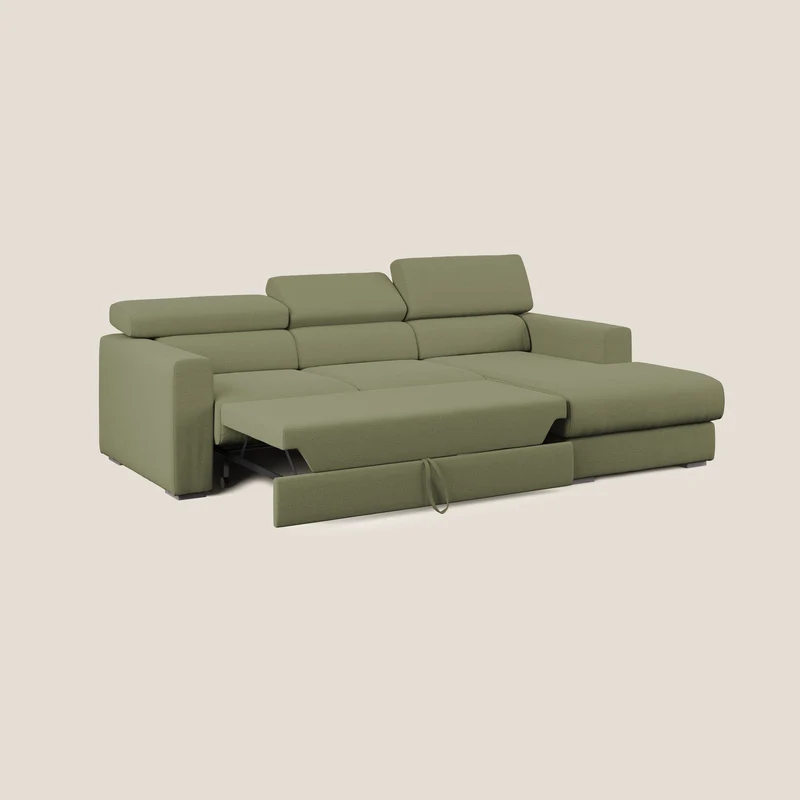 Dylan canapé d'angle avec méridienne et pouf extractible en tissu flammé effet coton imperméable T19 vert