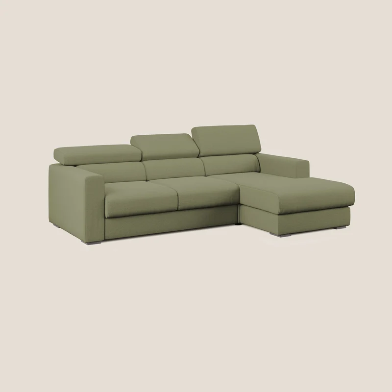 Dylan canapé d'angle avec méridienne et pouf extractible en tissu flammé effet coton imperméable T19 vert