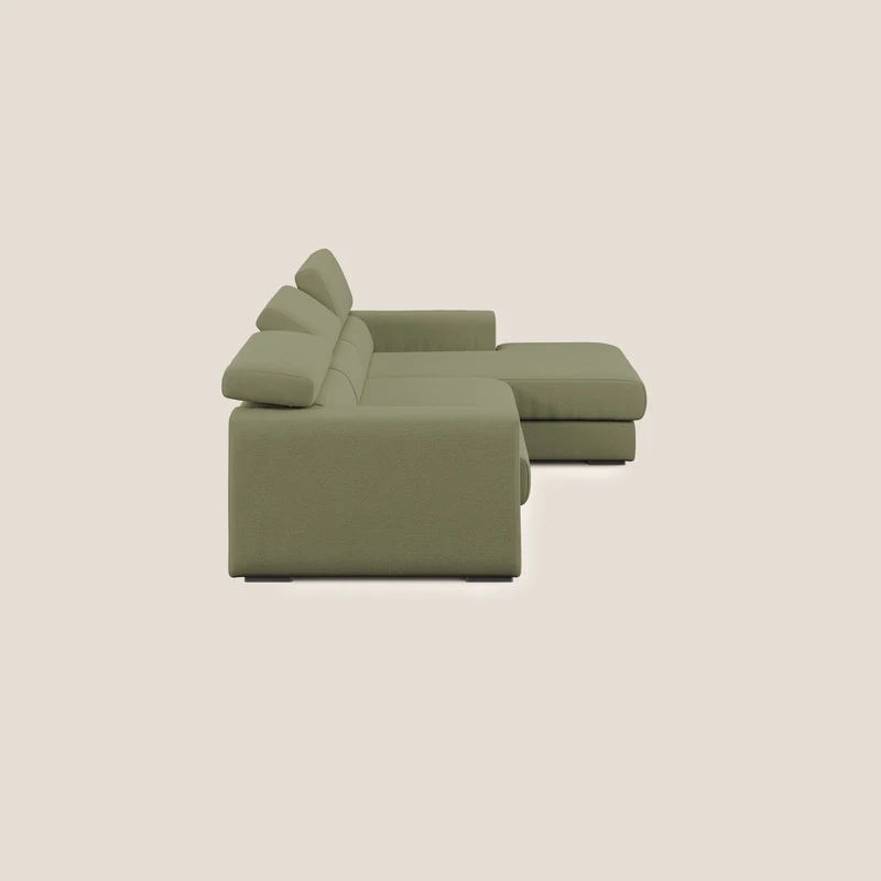 Dylan canapé d'angle avec méridienne et pouf extractible en tissu flammé effet coton imperméable T19 vert