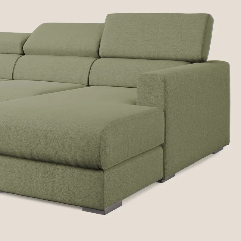 Dylan canapé d'angle avec méridienne et pouf extractible en tissu flammé effet coton imperméable T19 vert