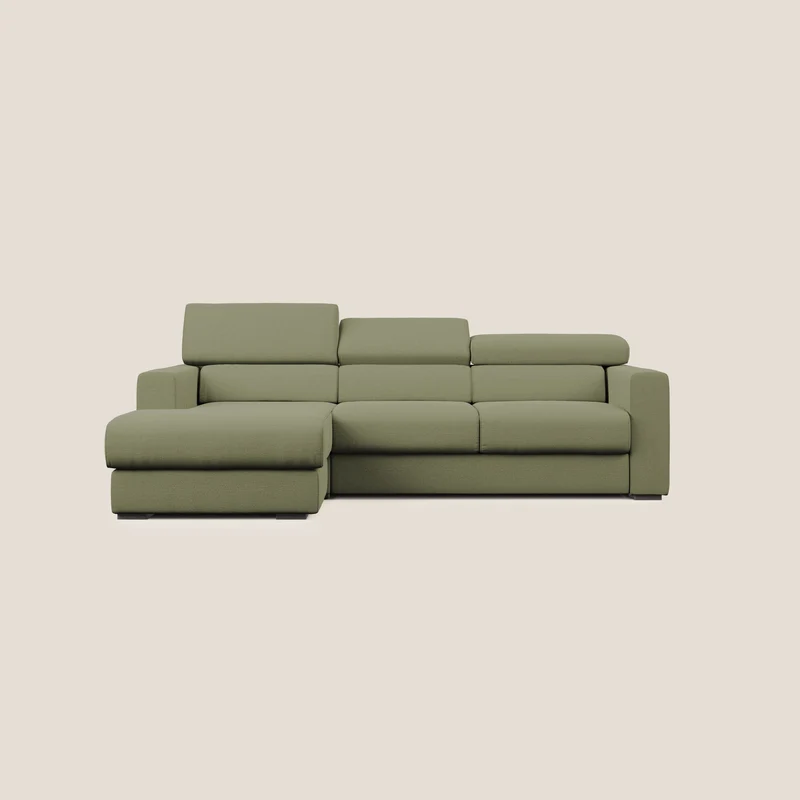Dylan canapé d'angle avec méridienne et pouf extractible en tissu flammé effet coton imperméable T19 vert