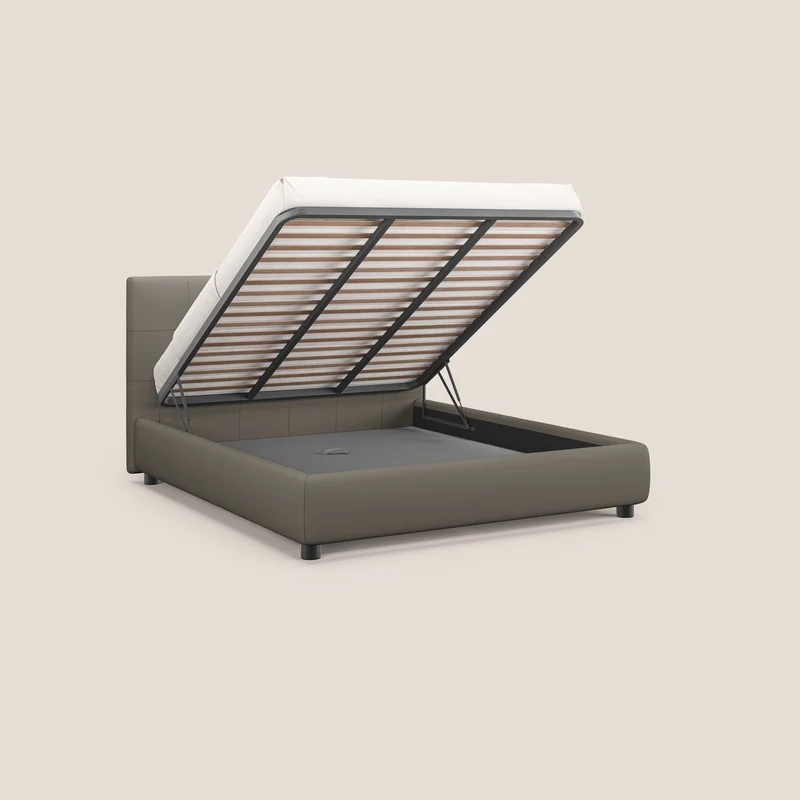 Minato lit coffre avec tête de lit capitonnée en similicuir imperméable T04 taupe