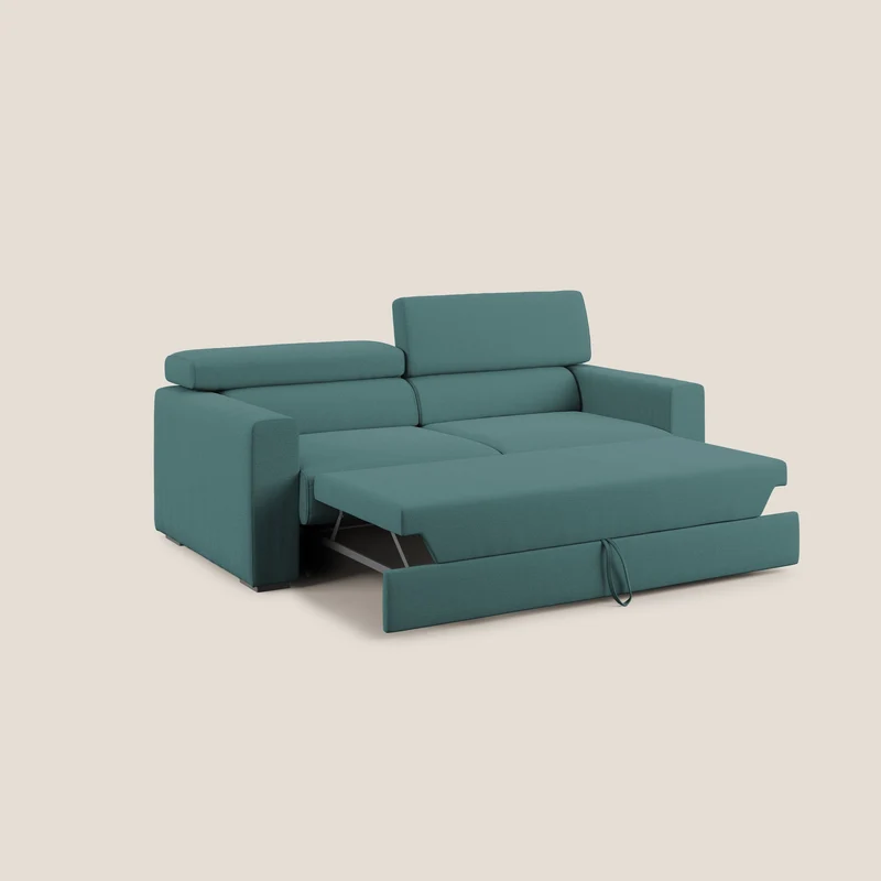 Dylan canapé avec pouf extractible en tissu flamme effet coton impermeabile T19 bleu canard