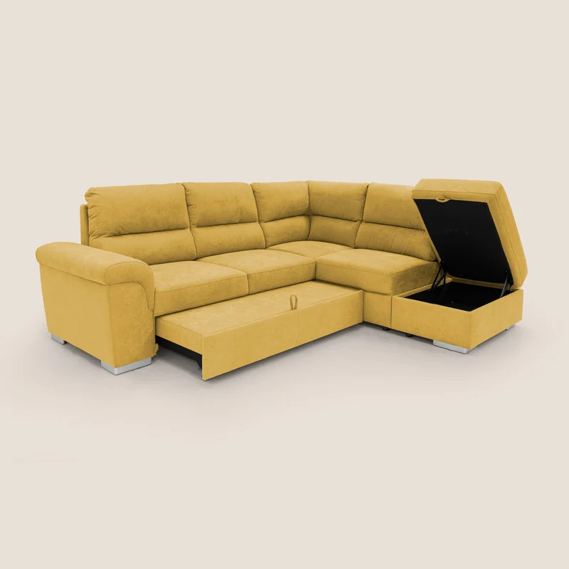 Minerva canapé d'angle avec angle et pouf extractible en tissu doux imperméable T02 jaune