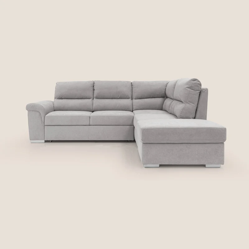Minerva canapé d'angle avec angle et pouf extractible en tissu doux imperméable T02 gris clair