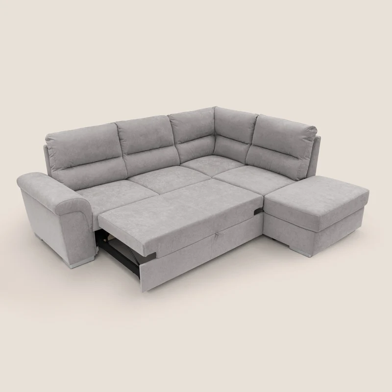 Minerva canapé d'angle avec angle et pouf extractible en tissu doux imperméable T02 gris clair