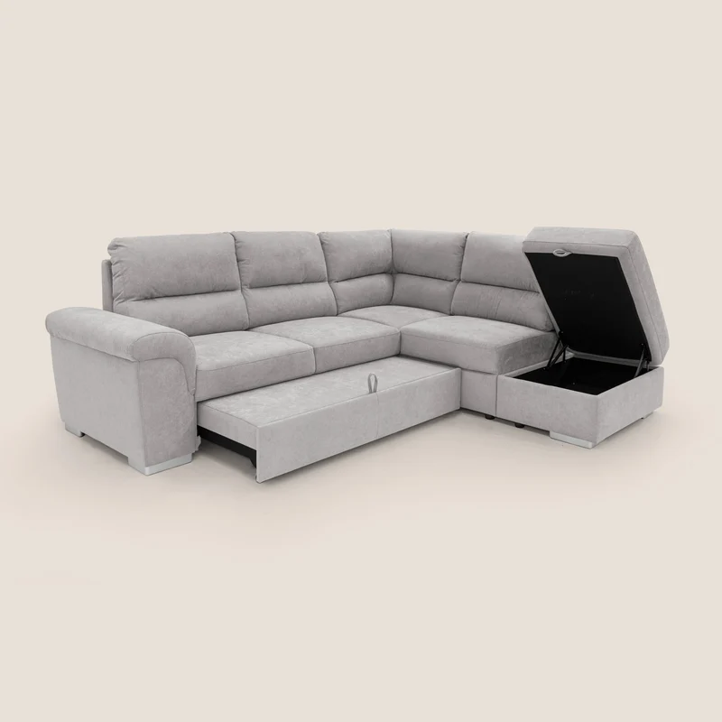 Minerva canapé d'angle avec angle et pouf extractible en tissu doux imperméable T02 gris clair