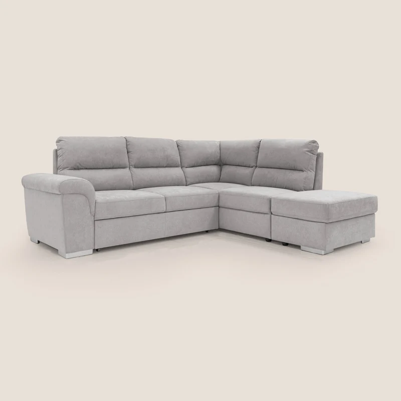 Minerva canapé d'angle avec angle et pouf extractible en tissu doux imperméable T02 gris clair