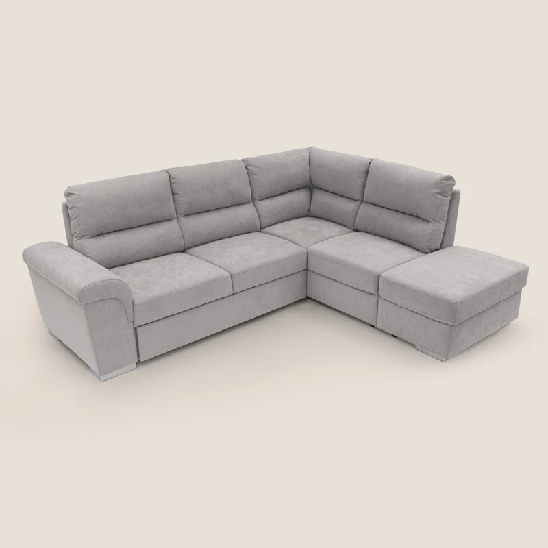 Minerva canapé d'angle avec angle et pouf extractible en tissu doux imperméable T02 gris clair