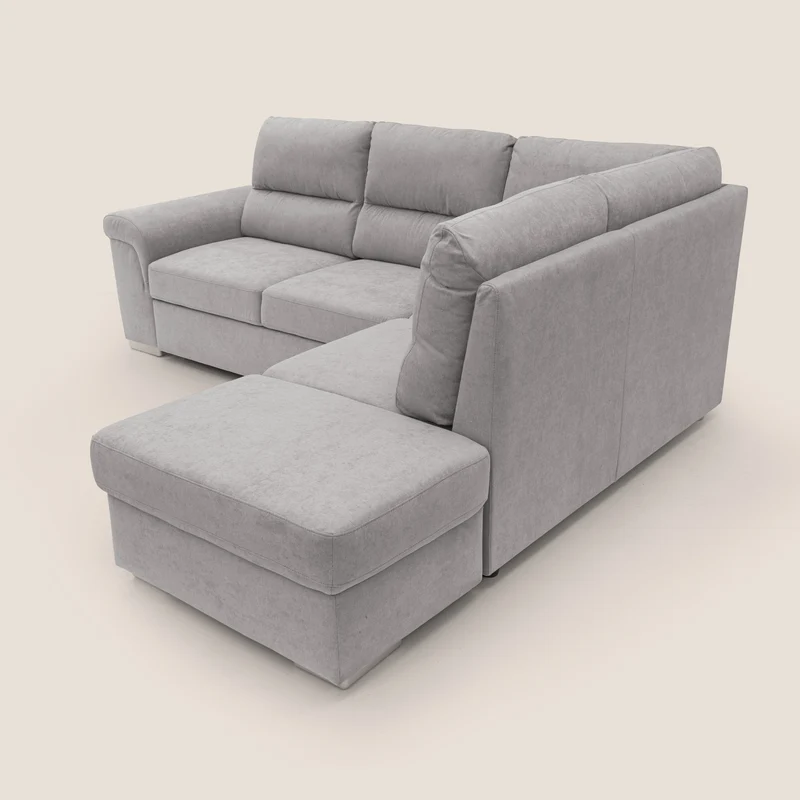 Minerva canapé d'angle avec angle et pouf extractible en tissu doux imperméable T02 gris clair