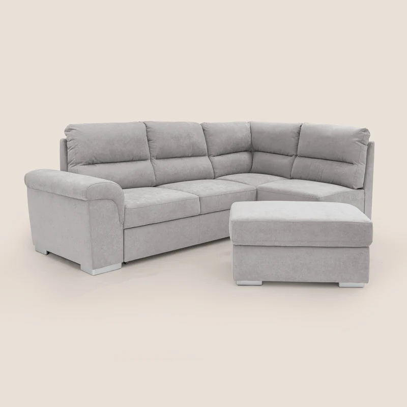 Minerva canapé d'angle avec angle et pouf extractible en tissu doux imperméable T02 gris clair