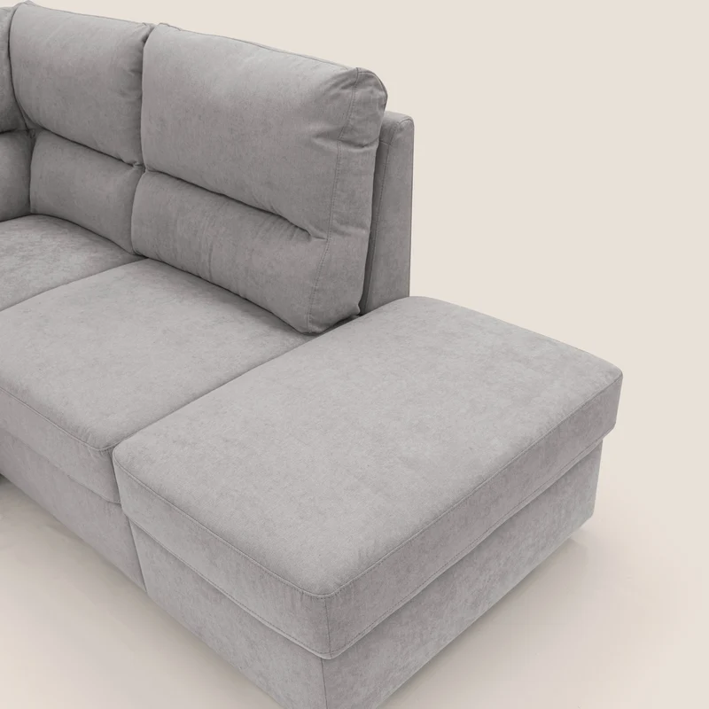 Minerva canapé d'angle avec angle et pouf extractible en tissu doux imperméable T02 gris clair