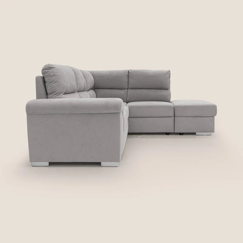 Minerva canapé d'angle avec angle et pouf extractible en tissu doux imperméable T02 gris clair