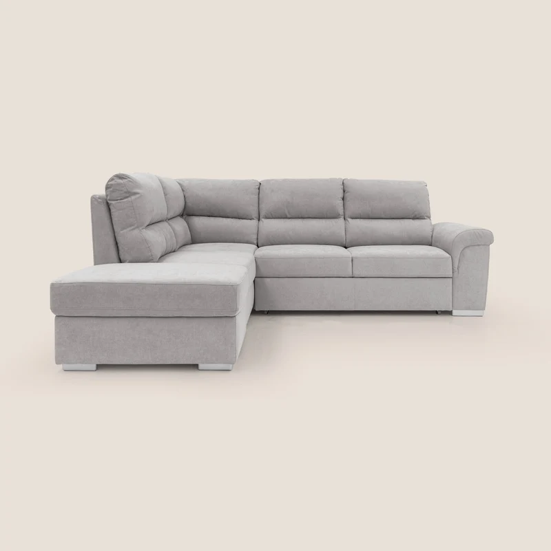 Minerva canapé d'angle avec angle et pouf extractible en tissu doux imperméable T02 gris clair