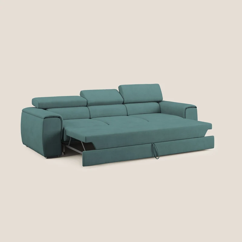 Zeno Canapé avec pouf extractible à 3 assises en tissu doux imperméable T02 bleu canard