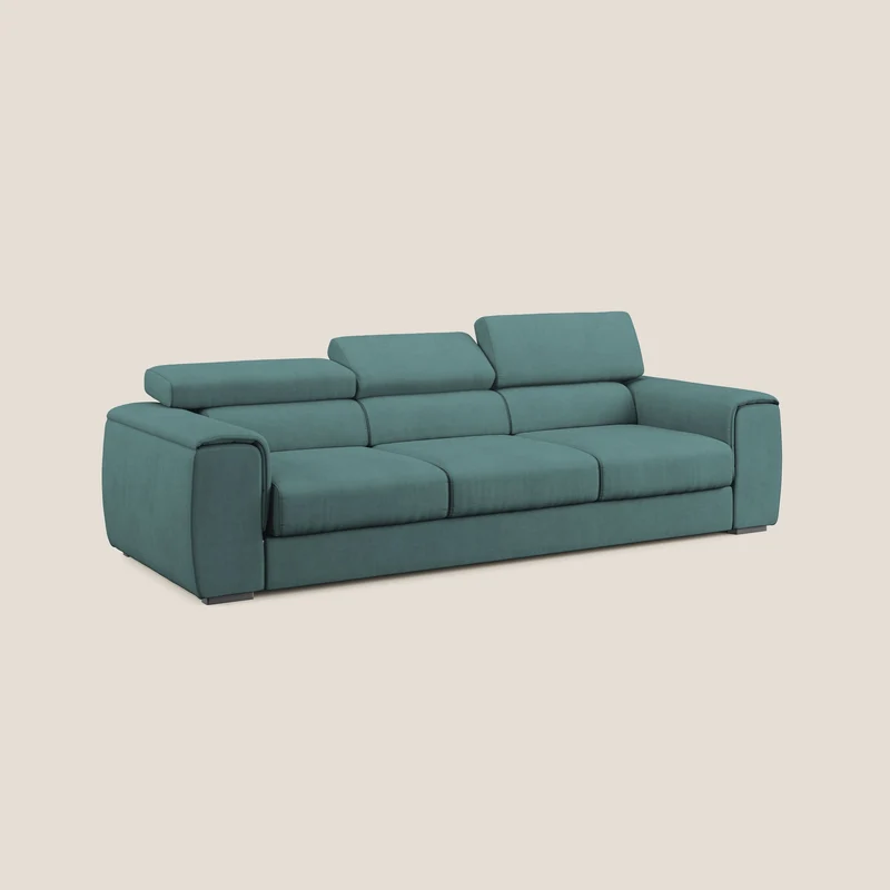 Zeno Canapé avec pouf extractible à 3 assises en tissu doux imperméable T02 bleu canard