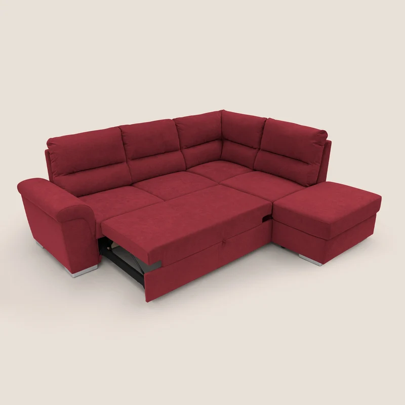 Minerva canapé d'angle avec angle et pouf extractible en tissu doux imperméable T02 rouge