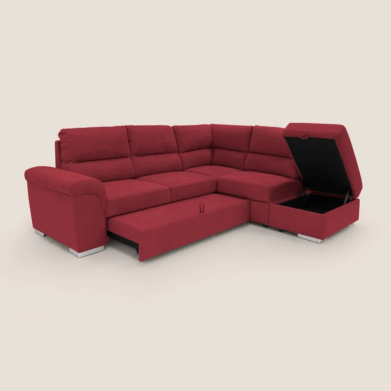 Minerva canapé d'angle avec angle et pouf extractible en tissu doux imperméable T02 rouge