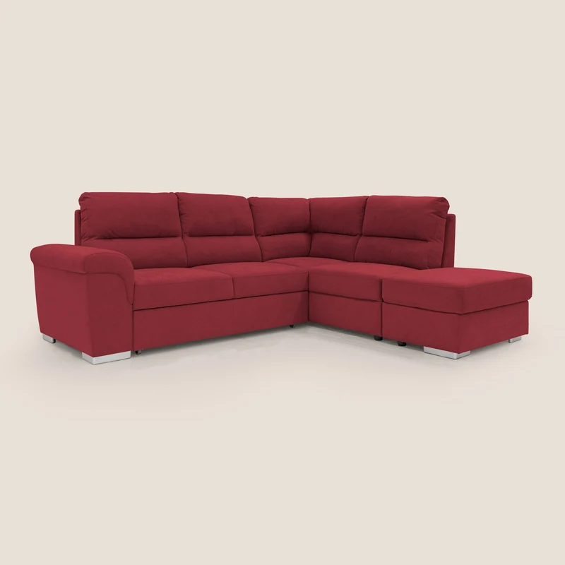 Minerva canapé d'angle avec angle et pouf extractible en tissu doux imperméable T02 rouge