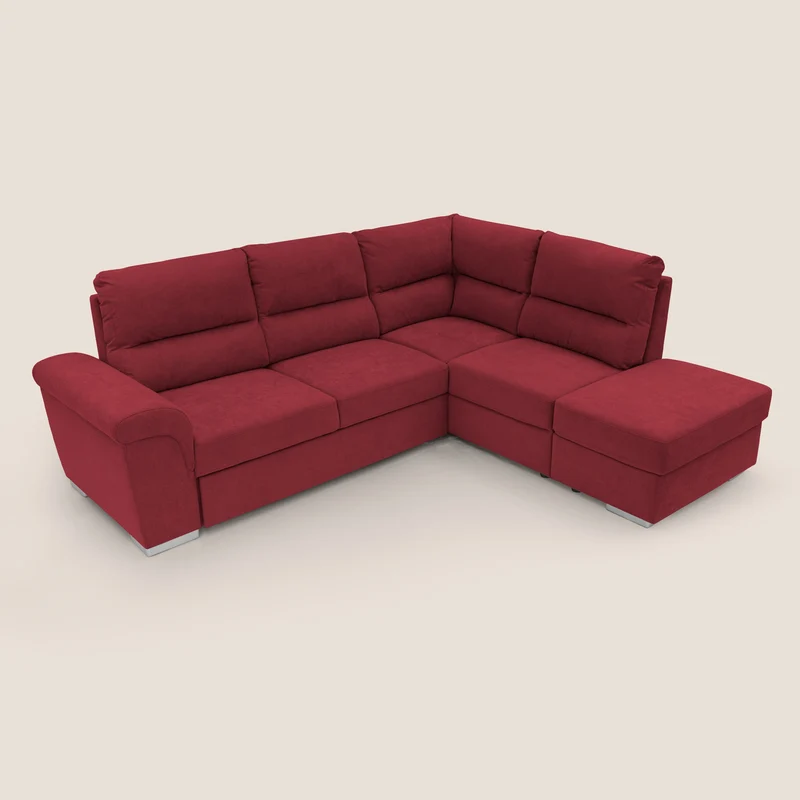 Minerva canapé d'angle avec angle et pouf extractible en tissu doux imperméable T02 rouge