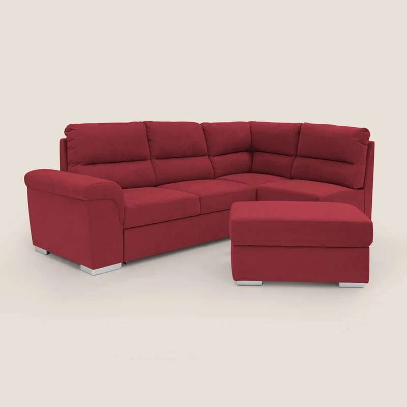 Minerva canapé d'angle avec angle et pouf extractible en tissu doux imperméable T02 rouge