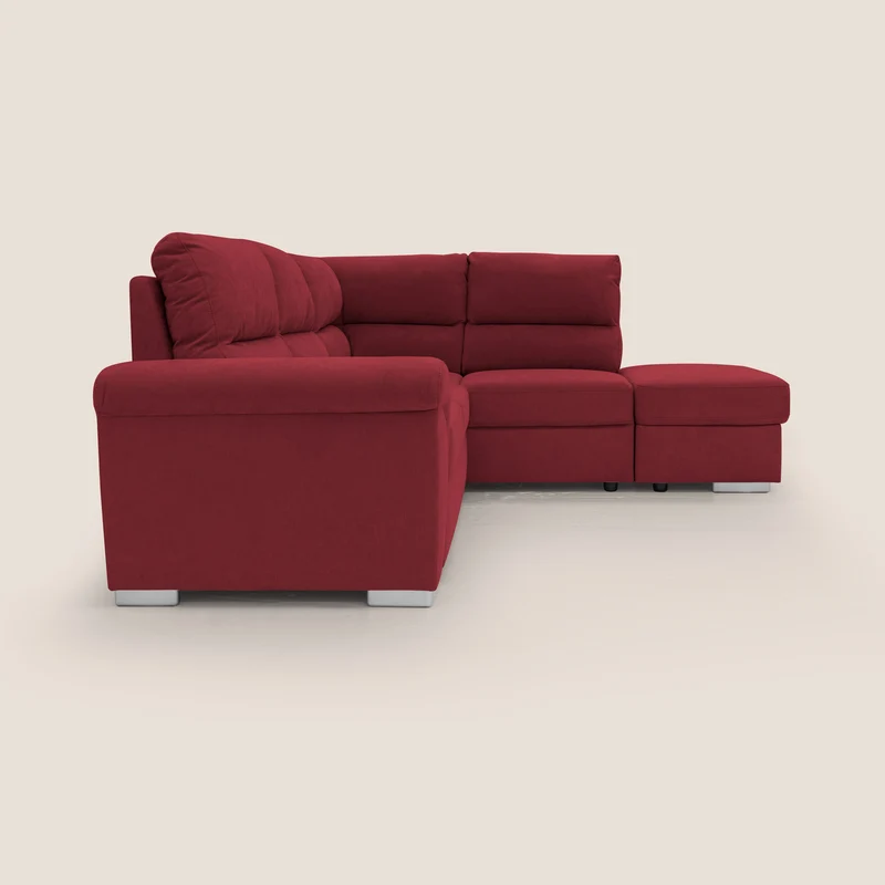 Minerva canapé d'angle avec angle et pouf extractible en tissu doux imperméable T02 rouge