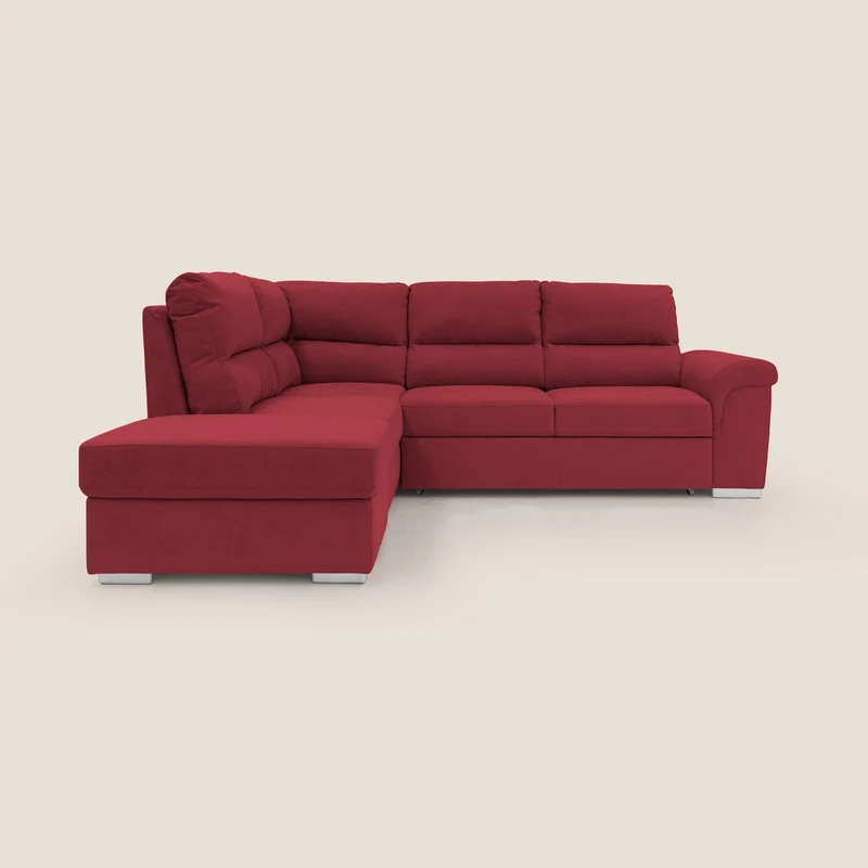 Minerva canapé d'angle avec angle et pouf extractible en tissu doux imperméable T02 rouge