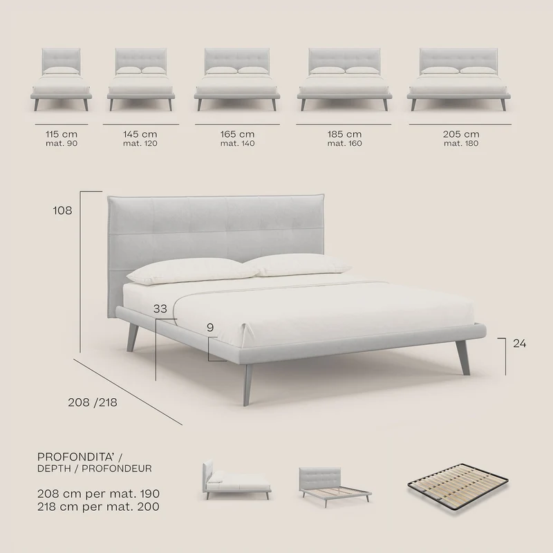 Brigitte lit avec tête de lit matelassée pieds hauts foncés et tissu imperméable T09 jaune