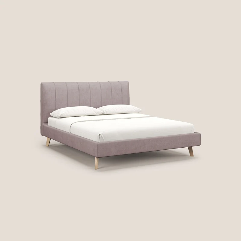 Selene lit rembourré avec pieds bois naturel déhoussable en tissu imperméable T02 rose