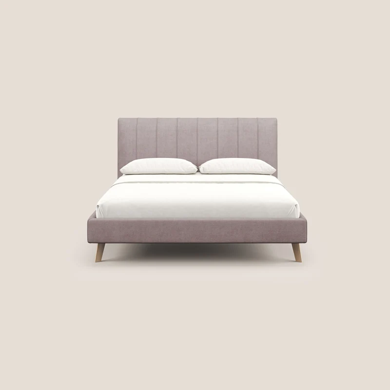 Selene lit rembourré avec pieds bois naturel déhoussable en tissu imperméable T02 rose