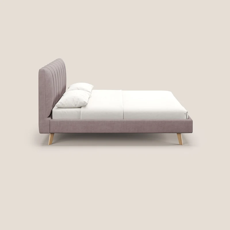 Selene lit rembourré avec pieds bois naturel déhoussable en tissu imperméable T02 rose