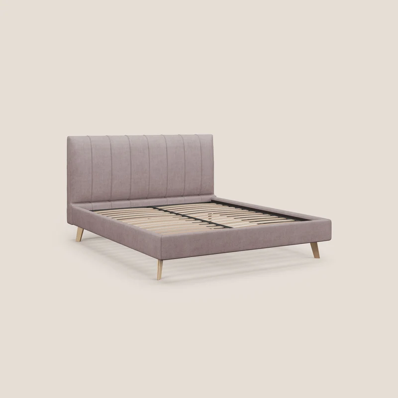 Selene lit rembourré avec pieds bois naturel déhoussable en tissu imperméable T02 rose