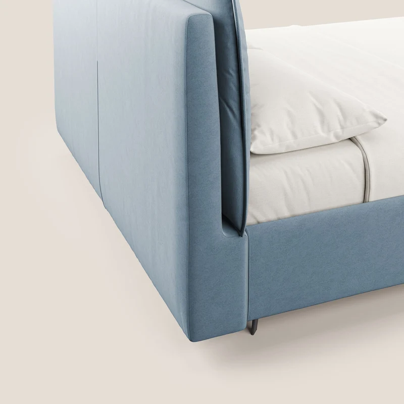 Nives lit rembourré avec coffre déhoussable en microfibre velours imperméable T09 bleu gris