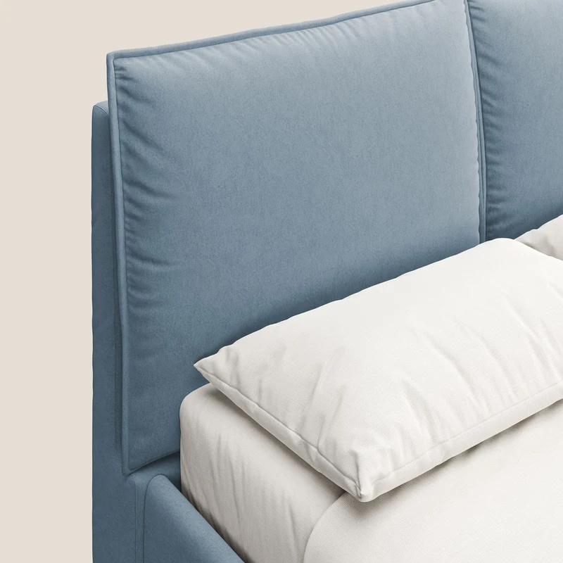 Nives lit rembourré avec coffre déhoussable en microfibre velours imperméable T09 bleu gris
