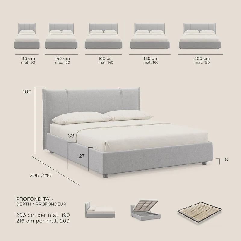 Alicia lit rembourré avec coffre de rangement en tissu imperméable T14 anthracite